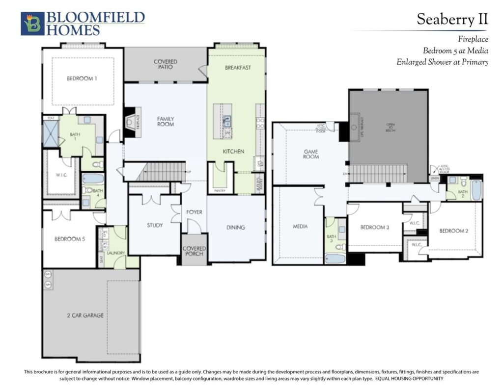 Floor plan for a two-story house by Bloomfield Homes in Painted Tree TX, featuring four bedrooms, three bathrooms, a kitchen, dining area, study, media room, and a two-car garage—ideal for those seeking homes for sale in McKinney Texas.