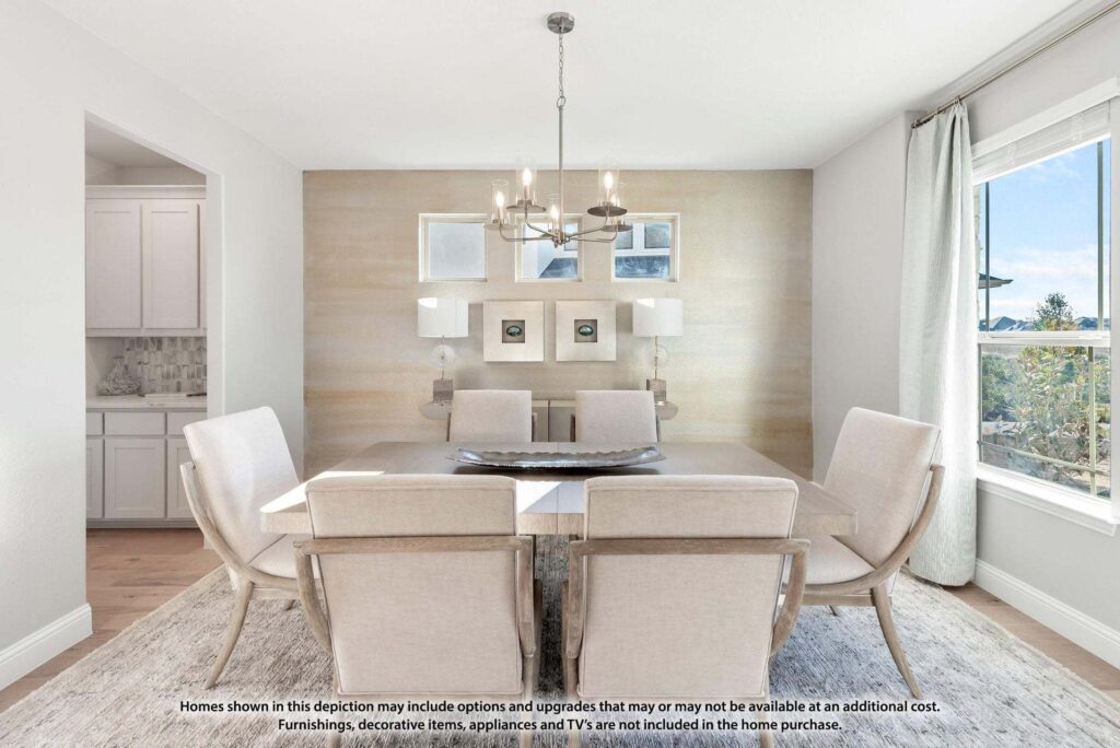 Modern dining room with six upholstered chairs, a rectangular table, chandelier, wall art, and large windows letting in natural light—ideal for those seeking Painted Tree McKinney homes for sale. Text disclaimer visible along the bottom edge.
