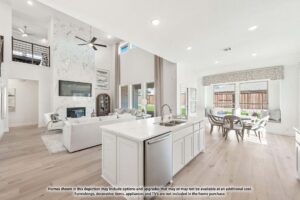 Modern open-concept living area with a kitchen island, dining space, and living room featuring large windows, high ceilings, and light wood floors—perfect for those seeking Painted Tree homes for sale in McKinney, Texas.