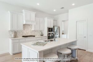 Modern kitchen with white cabinets, stainless steel appliances, center island with sink, two stools, and neutral tile backsplash; bright, open layout—perfect for those seeking Painted Tree McKinney homes for sale.