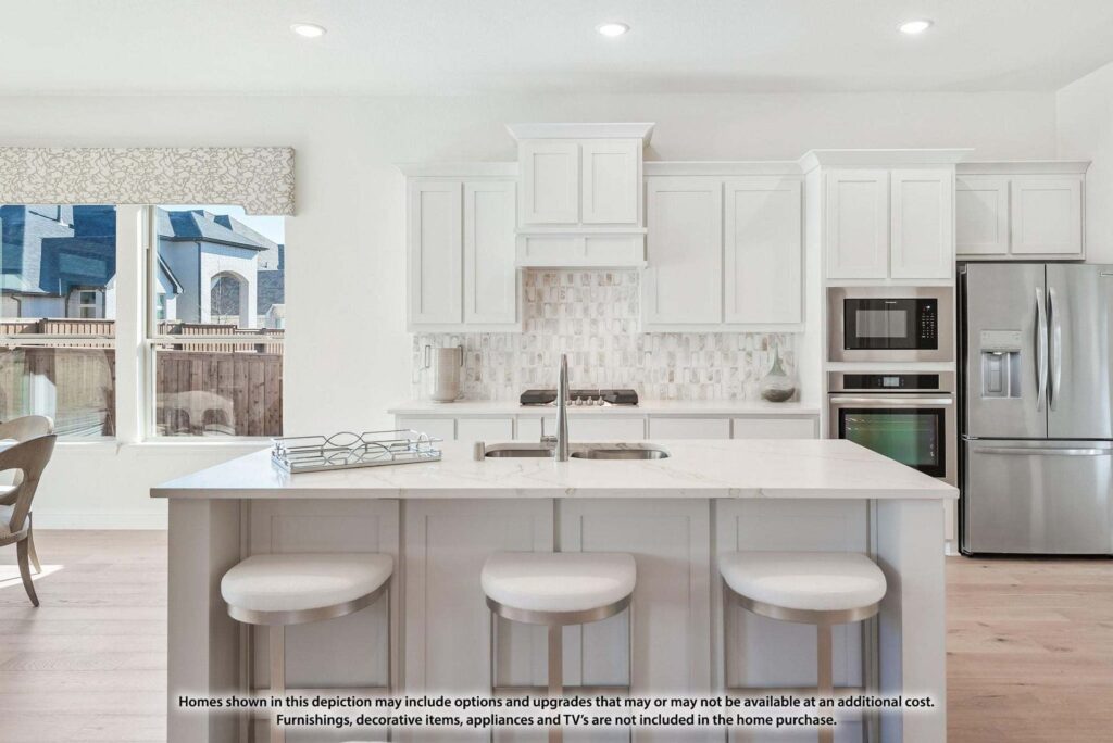 Modern white kitchen with an island, three stools, built-in appliances, and large windows letting in natural light—perfect for those searching for homes for sale in McKinney, Texas. Disclaimer about home purchase options appears at the bottom.