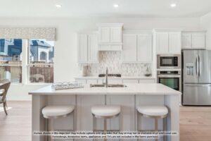 Modern white kitchen with an island, three stools, built-in appliances, and large windows letting in natural light—perfect for those searching for homes for sale in McKinney, Texas. Disclaimer about home purchase options appears at the bottom.