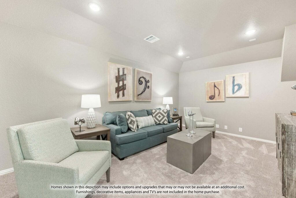 A modern living room with light-colored walls, a blue-gray sofa, armchairs, art, lamps, and carpeted flooring—perfect for those exploring Painted Tree homes for sale or searching for homes for sale in McKinney, Texas. Items not included in home purchase.