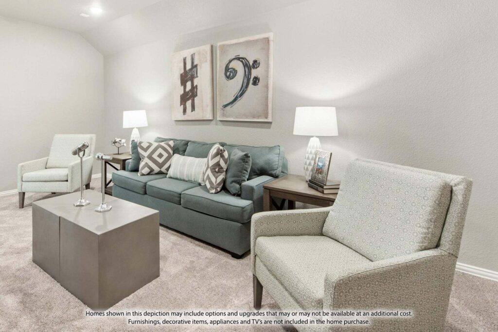 A modern living room with a light gray sofa, two patterned armchairs, side tables with lamps, wall art, and neutral carpeting—perfect for relaxing in stylish Painted Tree McKinney homes for sale.