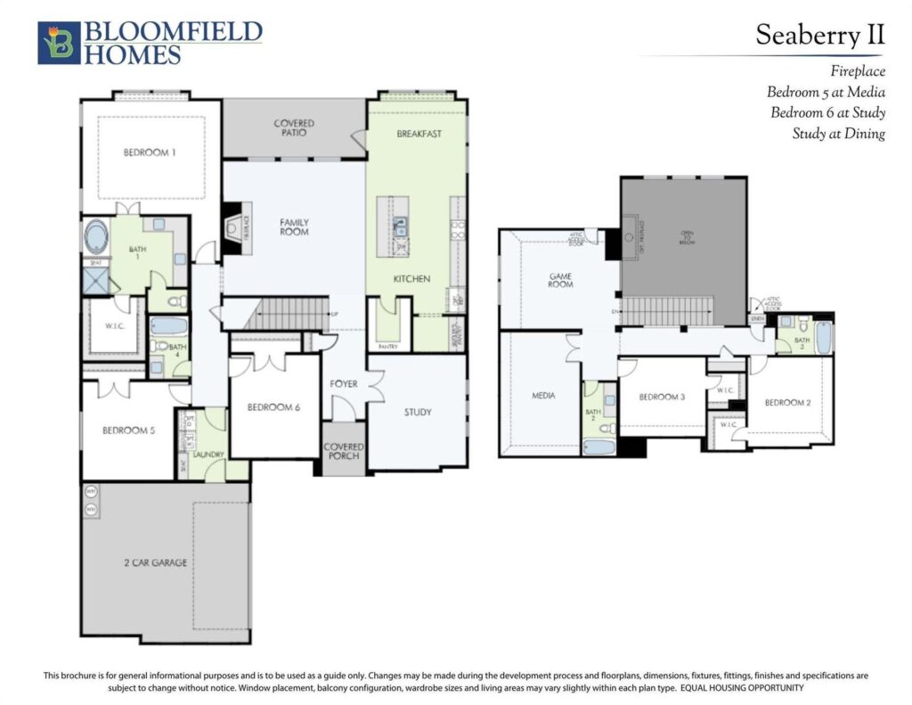 Floor plan of a two-story home in Painted Tree McKinney showing bedrooms, bathrooms, kitchen, garage, media room, and study across both floors with labeled dimensions—ideal for those seeking homes for sale in McKinney Texas.