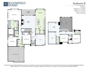 Floor plan of a two-story home in Painted Tree McKinney showing bedrooms, bathrooms, kitchen, garage, media room, and study across both floors with labeled dimensions—ideal for those seeking homes for sale in McKinney Texas.