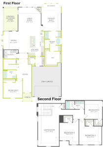 Two-story house floor plan in Painted Tree McKinney with a garage, five bedrooms, kitchen, dining, great room, game room, covered outdoor area, primary suite with bath, and multiple walk-in closets—ideal for those seeking homes for sale in McKinney Texas.