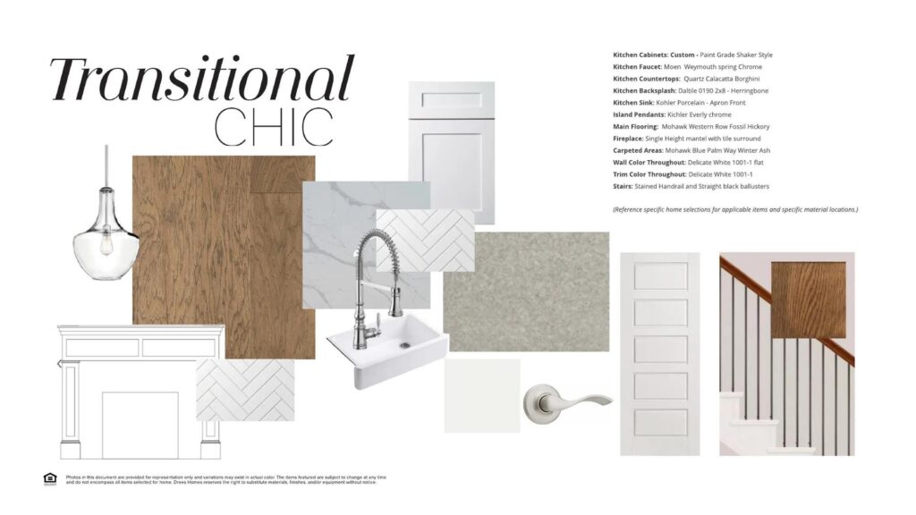 Moodboard featuring white shaker cabinets, chrome hardware, and marble countertops—perfect inspiration for homes for sale in McKinney Texas, especially in Painted Tree McKinney. Includes herringbone tile fireplace and light wood flooring.