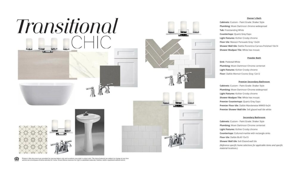 A bathroom design board showcases material samples, fixtures, and swatches for three bath styles, offering inspiration for Painted Tree homes for sale in McKinney, Texas. Each item is labeled to guide your design choices.