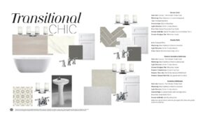 A bathroom design board showcases material samples, fixtures, and swatches for three bath styles, offering inspiration for Painted Tree homes for sale in McKinney, Texas. Each item is labeled to guide your design choices.