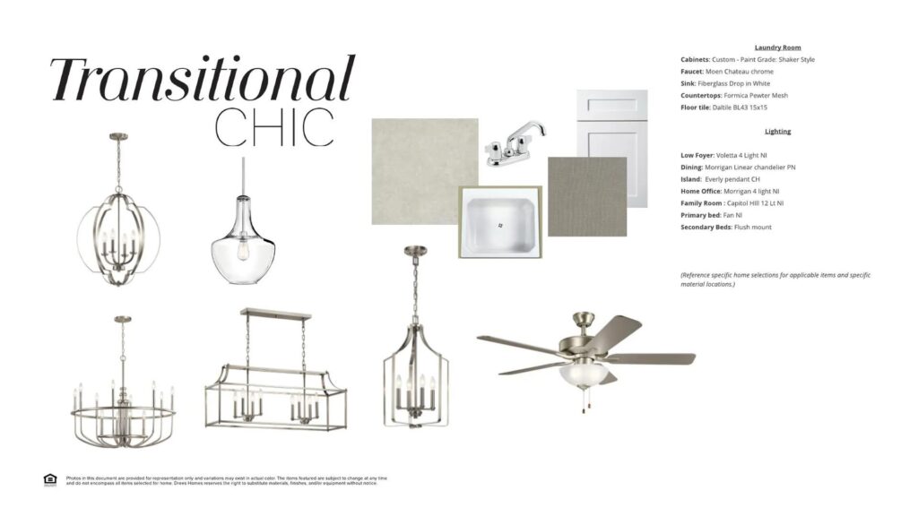 A design board labeled "Transitional Chic" features light fixtures, a ceiling fan, faucet, sink, cabinet, countertop, backsplash, and fabric swatches—perfect inspiration for homes for sale in McKinney Texas or your Painted Tree McKinney project.
