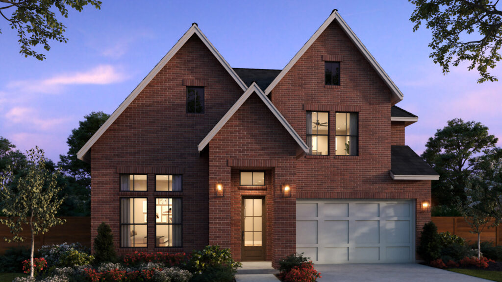 A two-story modern brick house by Southgate Homes with large windows, a double garage, and a landscaped front yard in TX, photographed at dusk—an inviting new home for sale.