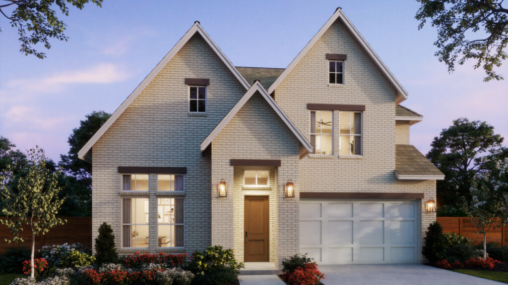 Two-story suburban house by Southgate Homes in Painted Tree, McKinney, TX, with light-colored brick exterior, gabled roof, double garage, front lawn, and landscaped garden, photographed in the early evening.