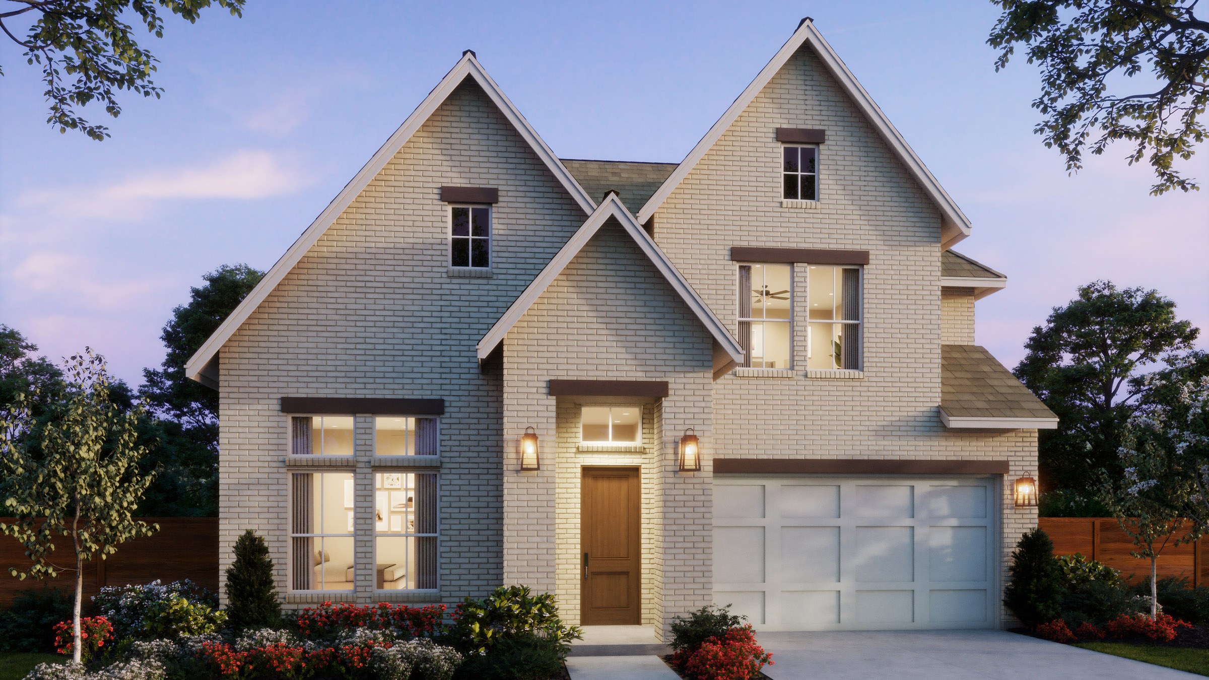 Two-story suburban house by Southgate Homes in Painted Tree, McKinney, TX, with light-colored brick exterior, gabled roof, double garage, front lawn, and landscaped garden, photographed in the early evening.