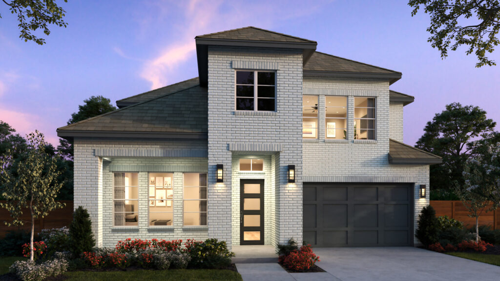 Two-story modern house with white brick exterior, black garage door, and large windows. Located in Painted Tree in McKinney, TX, this Southgate Homes residence is surrounded by landscaping and beautifully lit at dusk.