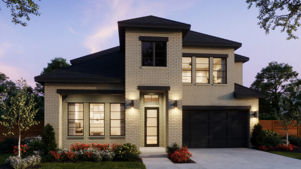 Two-story modern brick house with large windows, black roof, double garage, landscaped front yard, and exterior lights illuminated at dusk—this stunning TX new home for sale by Southgate Homes is sure to impress.