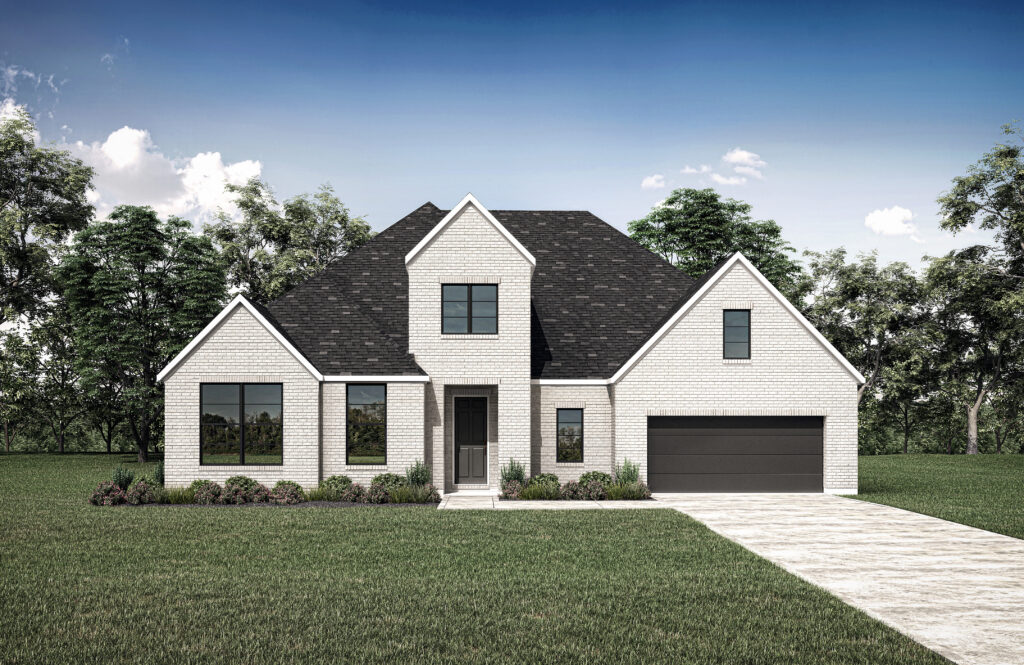 A modern Drees single-story house with a white brick exterior in Painted Tree, featuring a black roof, double garage, large windows, and a front lawn with paved driveway. Trees and blue sky complete this inviting new home.
