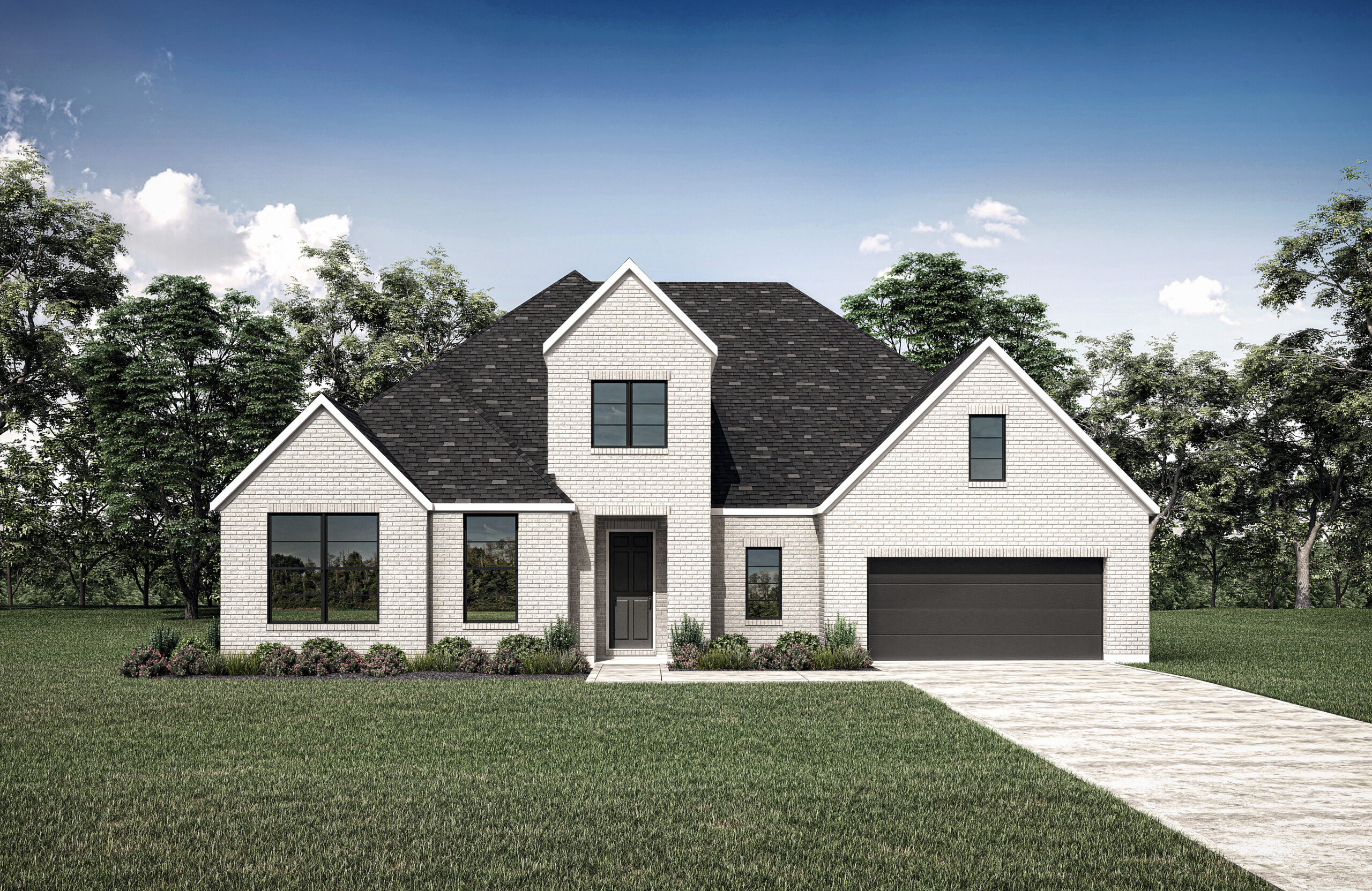 A modern Drees single-story house with a white brick exterior in Painted Tree, featuring a black roof, double garage, large windows, and a front lawn with paved driveway. Trees and blue sky complete this inviting new home.