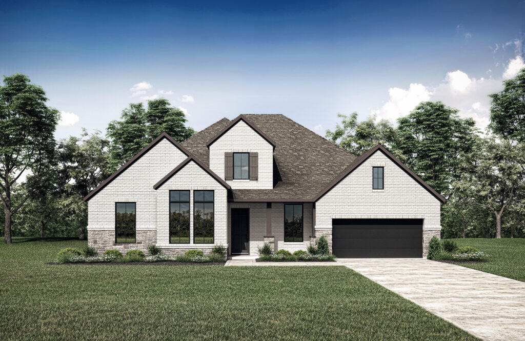 Two-story suburban house with white brick exterior, dark roof, black-framed windows, and double garage in Painted Tree—a beautiful new home by Drees—surrounded by grass and trees under a blue sky.