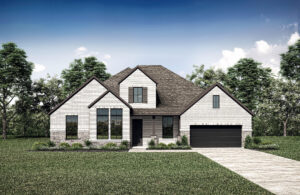 Two-story suburban house with white brick exterior, dark roof, black-framed windows, and double garage in Painted Tree—a beautiful new home by Drees—surrounded by grass and trees under a blue sky.