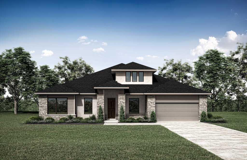 Modern single-story Drees home in Painted Tree features stone and stucco exterior, dark roof, large windows, attached two-car garage, and landscaped front yard framed by trees.