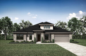 Modern single-story Drees home in Painted Tree features stone and stucco exterior, dark roof, large windows, attached two-car garage, and landscaped front yard framed by trees.