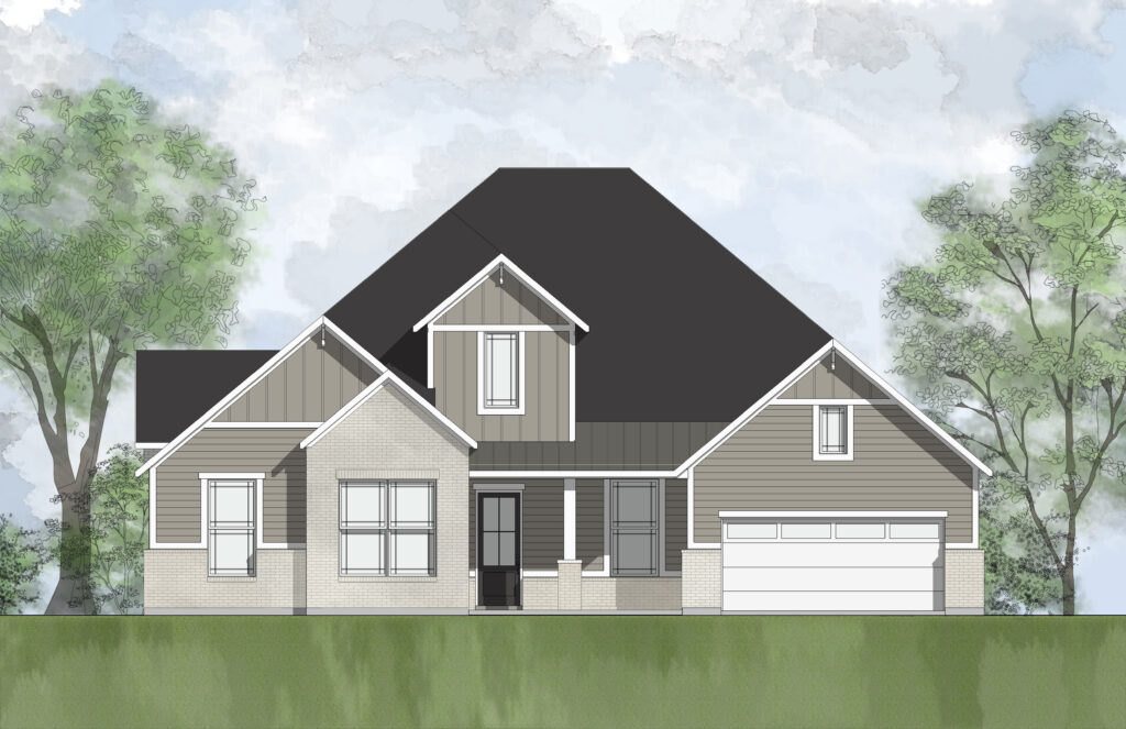 A two-story modern suburban Drees home with gray siding, white trim, a dark roof, front porch, and attached two-car garage, surrounded by green trees in the Painted Tree community.