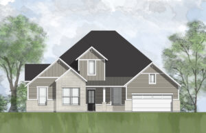 A two-story modern suburban Drees home with gray siding, white trim, a dark roof, front porch, and attached two-car garage, surrounded by green trees in the Painted Tree community.