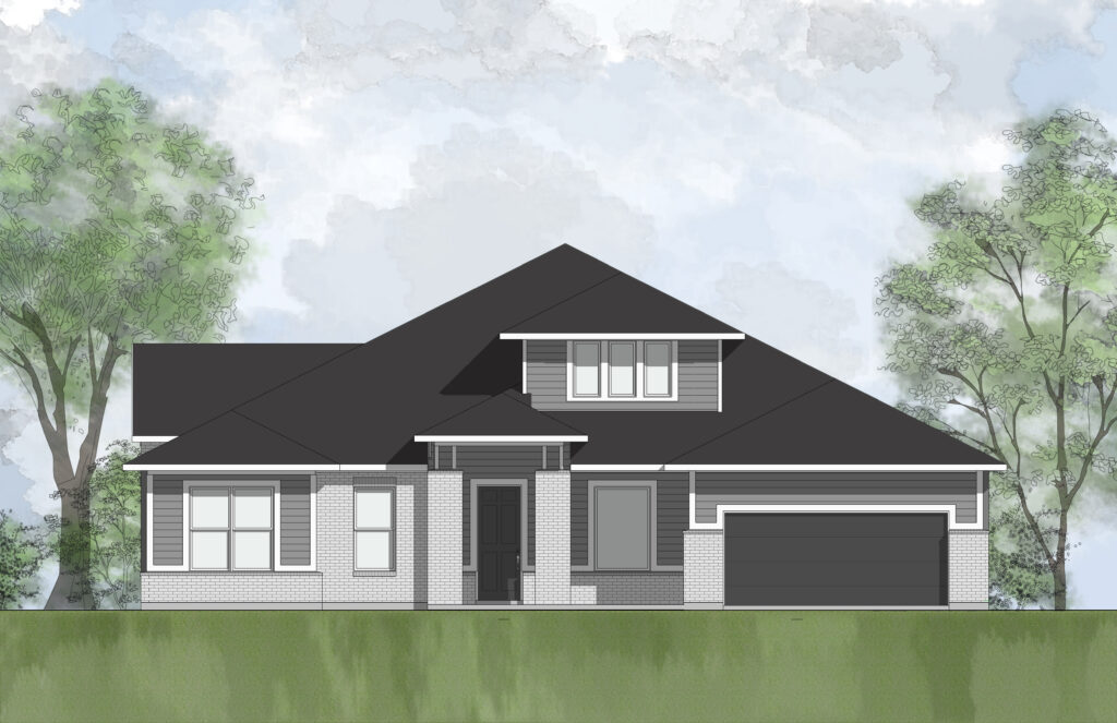 A stunning two-story modern Drees home with gray brick and siding, multiple rooflines, large windows, and an attached two-car garage nestled in the lush Painted Tree community surrounded by green trees and grass.