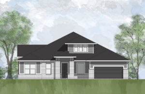 A stunning two-story modern Drees home with gray brick and siding, multiple rooflines, large windows, and an attached two-car garage nestled in the lush Painted Tree community surrounded by green trees and grass.