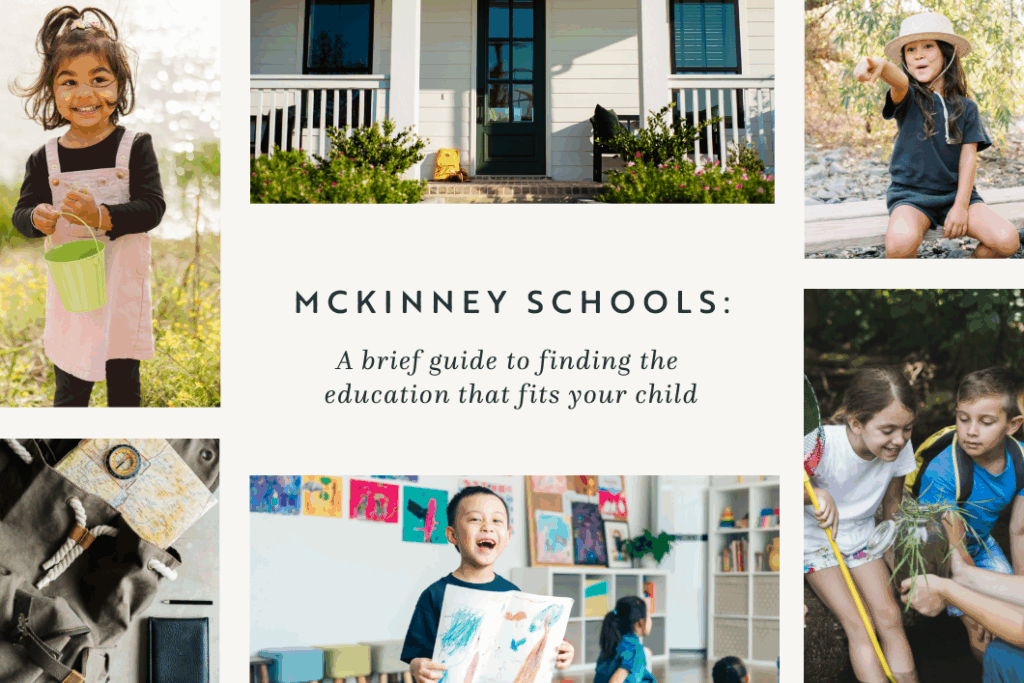 A collage shows diverse children learning and playing, along with a school building, illustrating a guide for choosing the right McKinney Texas schools or charter schools McKinney for your child.