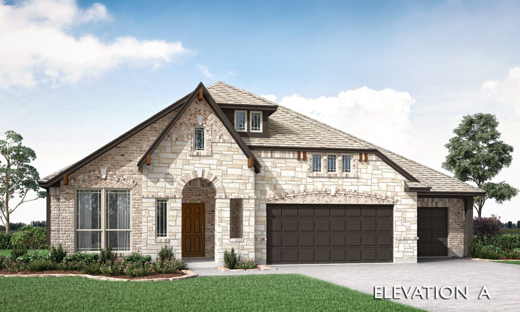 A single-story stone house with a brown front door, three-car garage, arched entryway, and large front windows awaits in McKinney—this Bloomfield Homes new home for sale is set against a partly cloudy sky.