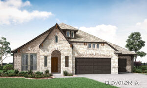 A single-story stone house with a brown front door, three-car garage, arched entryway, and large front windows awaits in McKinney—this Bloomfield Homes new home for sale is set against a partly cloudy sky.