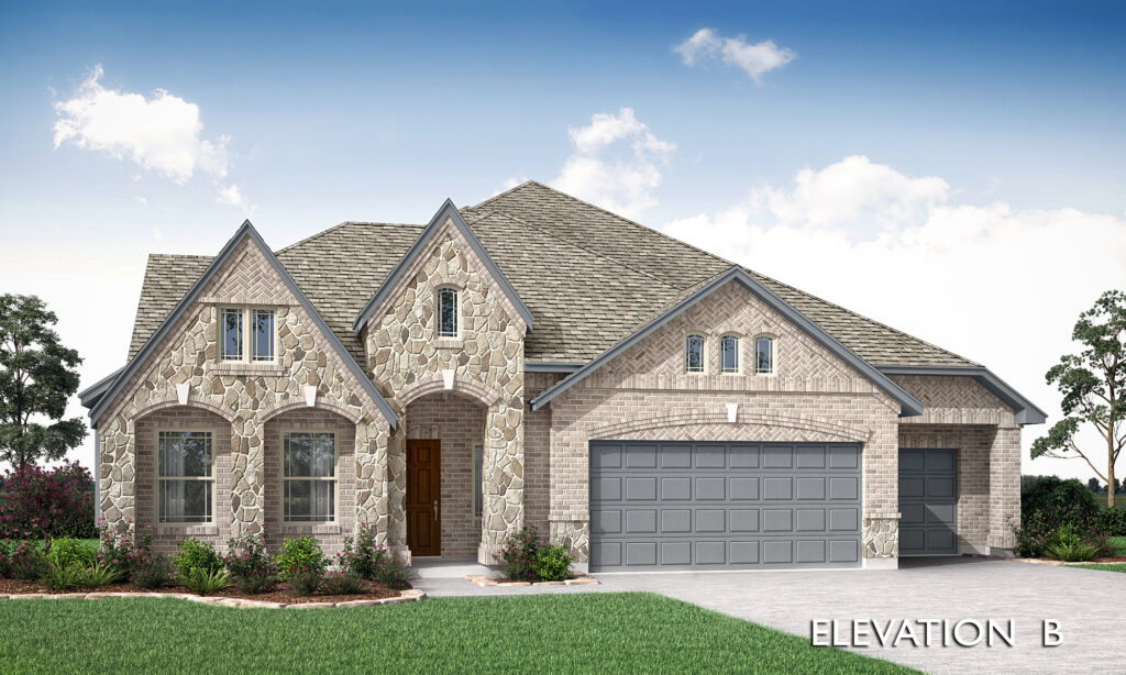 A two-story Bloomfield Homes house with stone and brick exterior, arched windows, a wooden front door, and a three-car garage under a cloudy blue TX sky. Text at bottom right reads “ELEVATION B.” Perfect new home for sale.
