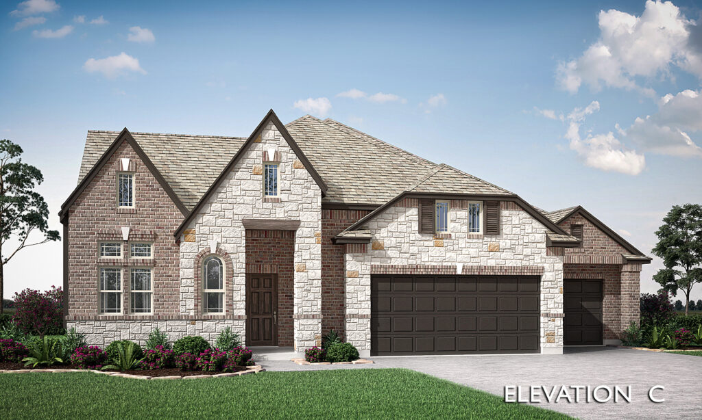 Two-story suburban McKinney house with mixed brick and stone exterior, dark garage doors, gabled roof, manicured lawn, and shrubs—this new home for sale by Bloomfield Homes is labeled "Elevation C" in the lower right corner.