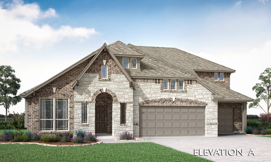 Two-story Bloomfield Homes house with mixed stone and brick exterior, three-car garage, arched entryway, and landscaped front yard under a blue sky in Painted Tree—labeled "Elevation A.