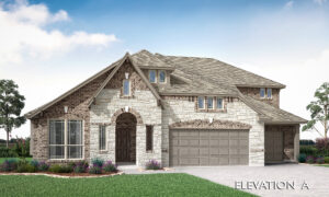 Two-story Bloomfield Homes house with mixed stone and brick exterior, three-car garage, arched entryway, and landscaped front yard under a blue sky in Painted Tree—labeled "Elevation A.