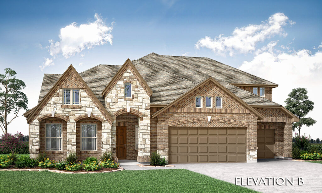 Two-story brick and stone house with gabled roof, three-car garage, arched windows, and a front lawn under a partly cloudy sky. Showcasing Bloomfield Homes' quality in McKinney. "ELEVATION B" text appears in the corner.