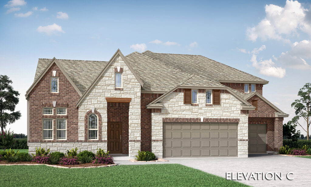 Two-story suburban house in Painted Tree, McKinney, with a mix of brick and stone exterior, three-car garage, front lawn, and landscaped garden—an inviting example of new homes labeled "ELEVATION C.