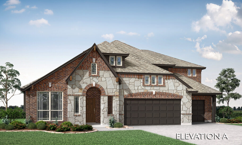A two-story suburban house with mixed brick and stone exterior, large arched entrance, three-car garage, and manicured lawn by Bloomfield Homes. The text "Elevation A" appears in the bottom right corner. Discover new homes at Painted Tree.