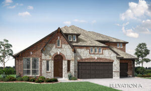 A two-story suburban house with mixed brick and stone exterior, large arched entrance, three-car garage, and manicured lawn by Bloomfield Homes. The text "Elevation A" appears in the bottom right corner. Discover new homes at Painted Tree.