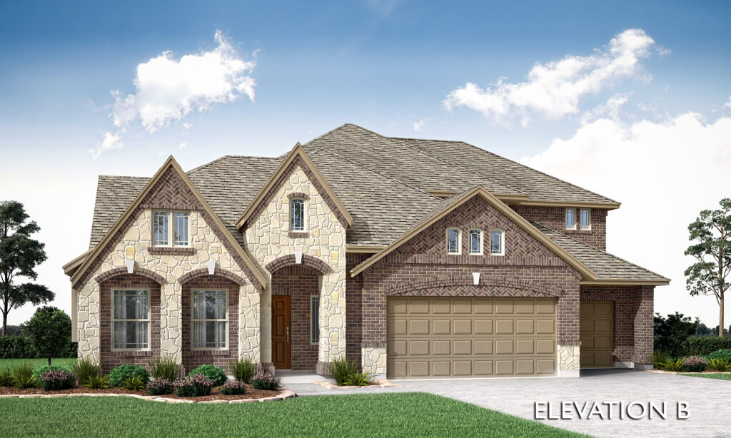 Two-story suburban house with stone and brick exterior, gabled roofs, three-car garage, front lawn, and cloudy sky background in McKinney’s Painted Tree community; labeled "Elevation B" in the corner. New homes available.