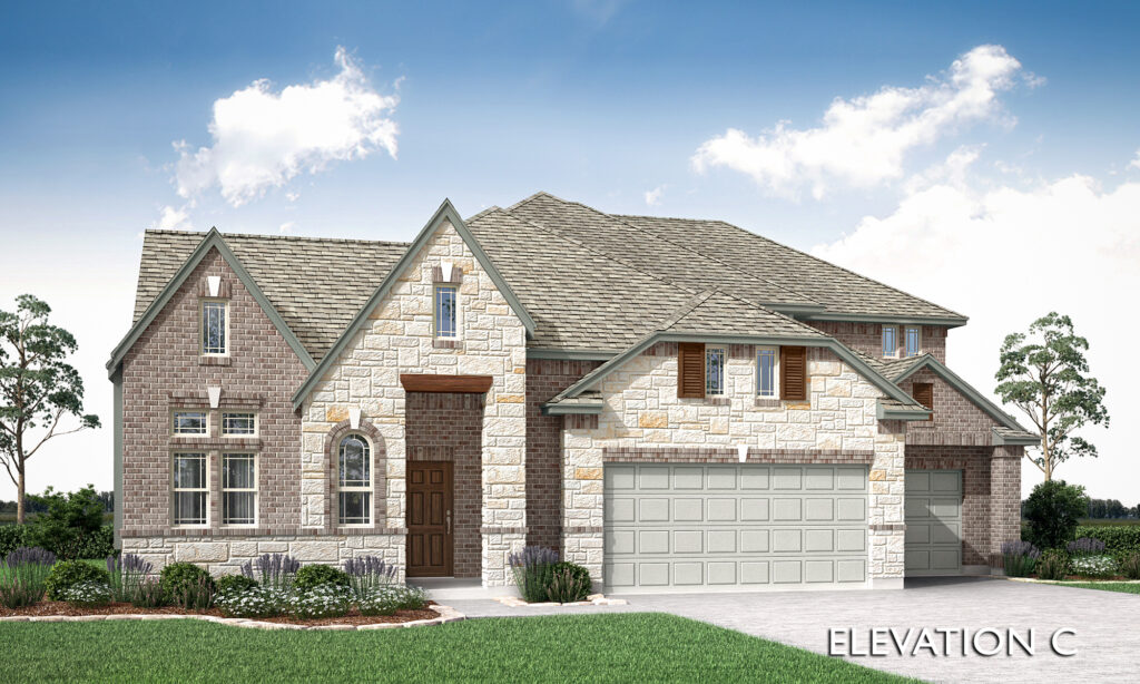 Two-story stone and brick house by Bloomfield Homes with a three-car garage, gabled roof, arched entry, and landscaped front yard under a blue sky in Painted Tree. Text reads "ELEVATION C.