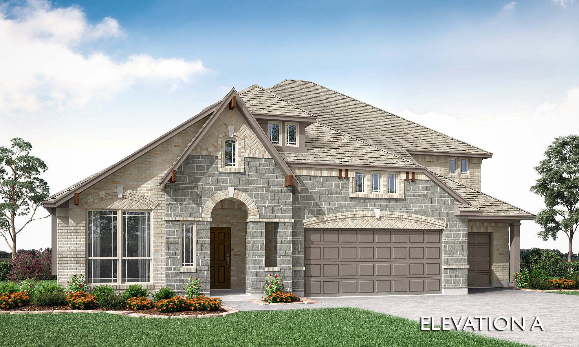 Two-story suburban house by Bloomfield Homes with a brick and stone exterior, gabled roof, large windows, double garage, and landscaped front yard in Painted Tree; labeled "Elevation A.
