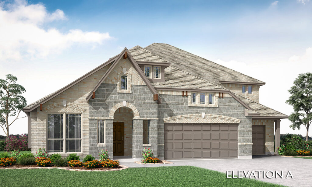 A two-story suburban house with a brick and stone facade, a two-car garage, and landscaped front yard in Painted Tree, McKinney—an inviting example of new homes labeled "Elevation A.