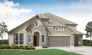 A two-story suburban house with a brick and stone facade, a two-car garage, and landscaped front yard in Painted Tree, McKinney—an inviting example of new homes labeled "Elevation A.