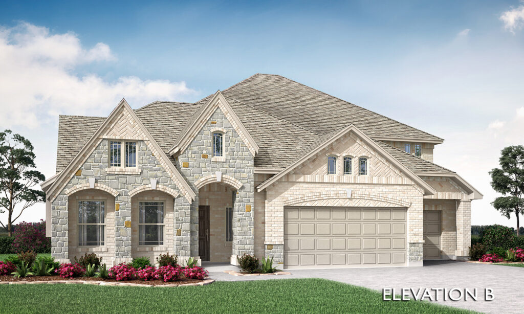 Two-story suburban house in Painted Tree, McKinney, with stone and brick exterior, arched windows, two-car garage, manicured lawn, and landscaped front yard; part of stunning new homes collection. Labeled “Elevation B.”.