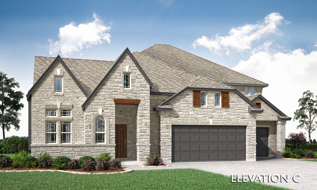 Two-story stone house in Painted Tree, McKinney, with a three-car garage, gabled roof, wooden front door, and landscaped yard under a partly cloudy sky. The text "ELEVATION C" appears in the lower right corner—perfect for new homes seekers.
