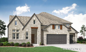 Two-story stone house in Painted Tree, McKinney, with a three-car garage, gabled roof, wooden front door, and landscaped yard under a partly cloudy sky. The text "ELEVATION C" appears in the lower right corner—perfect for new homes seekers.
