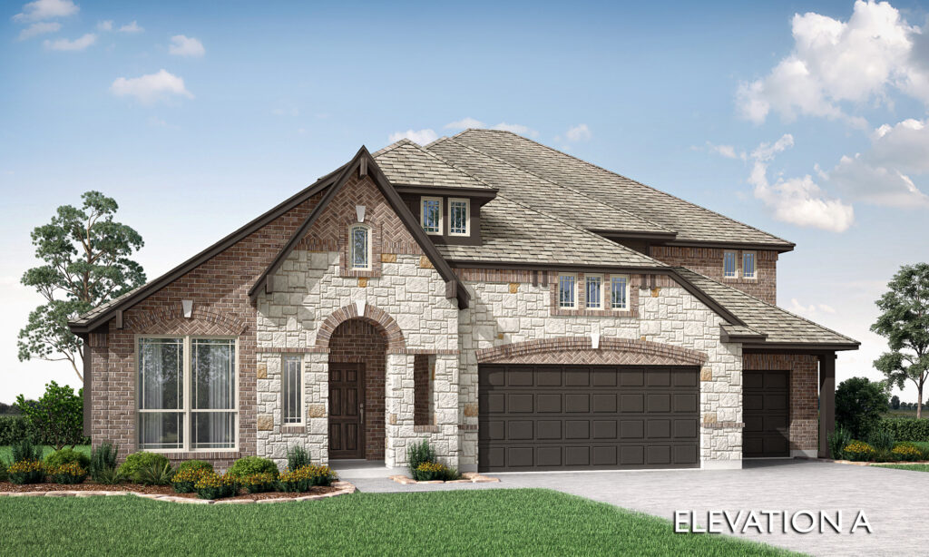 Beautiful two-story suburban house in McKinney's Painted Tree community, featuring a brick and stone exterior, three-car garage, arched entryway, large windows, and professionally landscaped front yard.